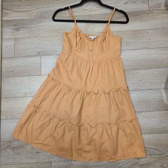 Love Tree Tiered Spaghetti Strap Summer Dress Linen Like Peach Tan SmallButton - Picture 1 of 9